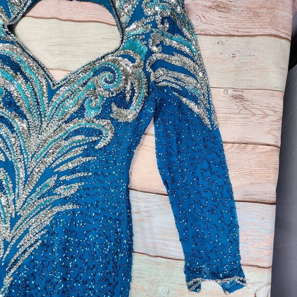 Vintage Alyce Designs Blue Sequin Gown With Beaded Patterns Long Sleeves & Front - Picture 2 of 11